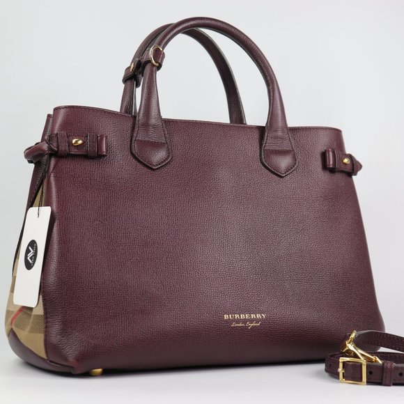 BURBERRY Grainy Calfskin House Check Medium Banner Tote Mahogany Red - Picture 1 of 16